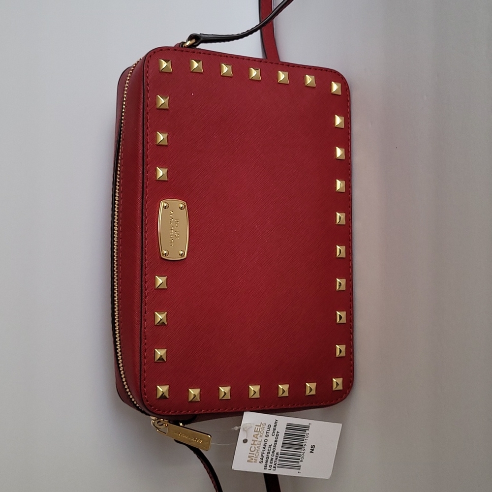 MICHAEL KORS Saffiano Stud Large Leather Crossbody Red Cherry NWT 🍒